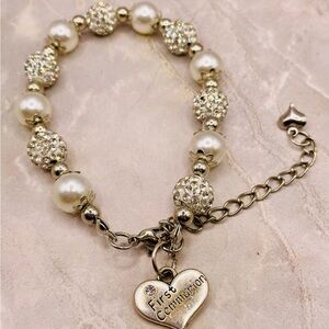 First Communion Silver Tone Crystal Beaded Bracelet with Heart Charm. 8 inches